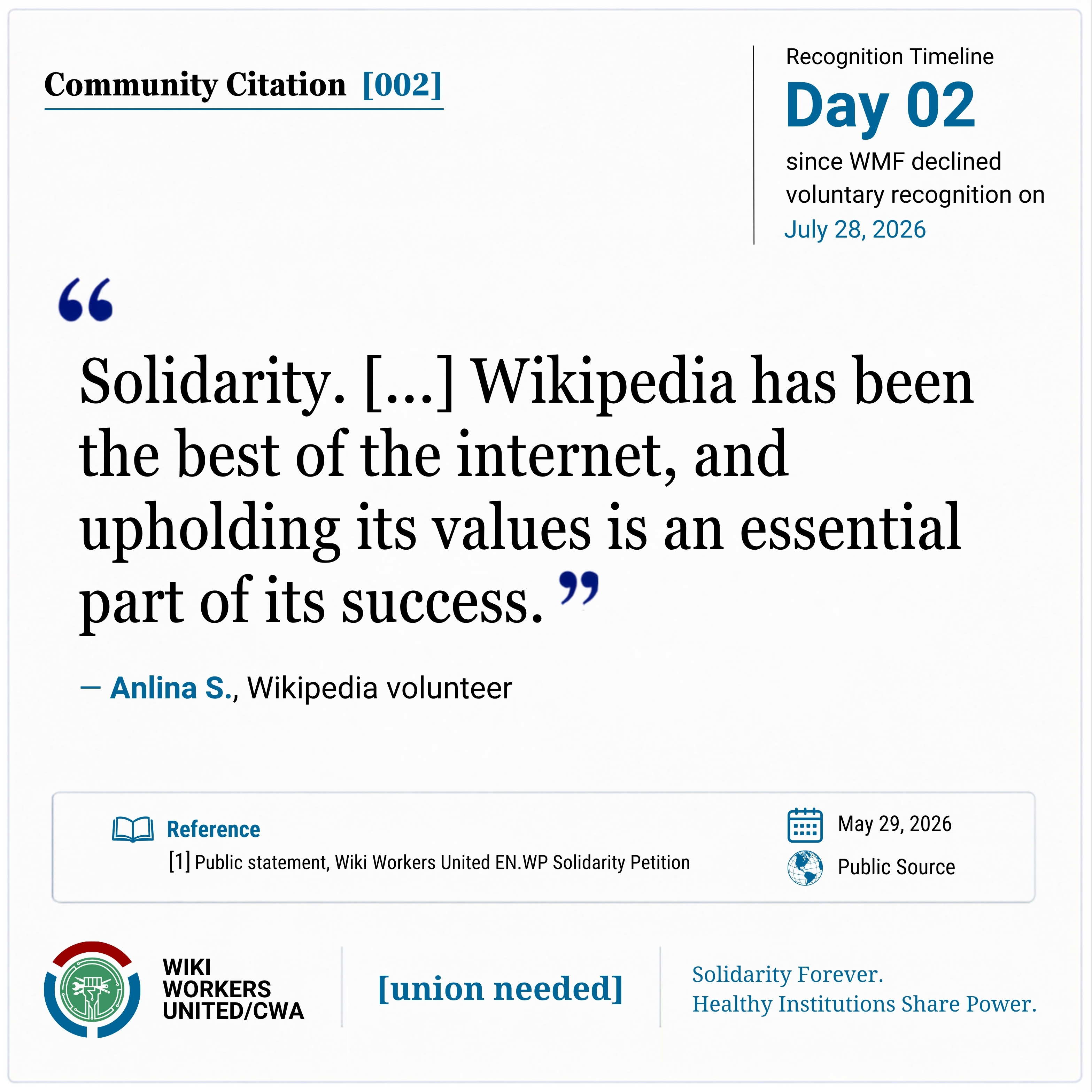 Community Citation [002]

Solidarity. [...] this is unacceptable. Wikipedia has been the best of the internet, and upholding its values is an essential part of its success." - Anlina S., Wikipedia volunteer, Wiki Workers United EN.WP Solidarity Petition, May 29, 2026

Reference link: https://w.wiki/Stfh
Footer: Wiki Workers United/CWA. [union needed]. Solidarity Forever. Healthy Institutions Share Power.