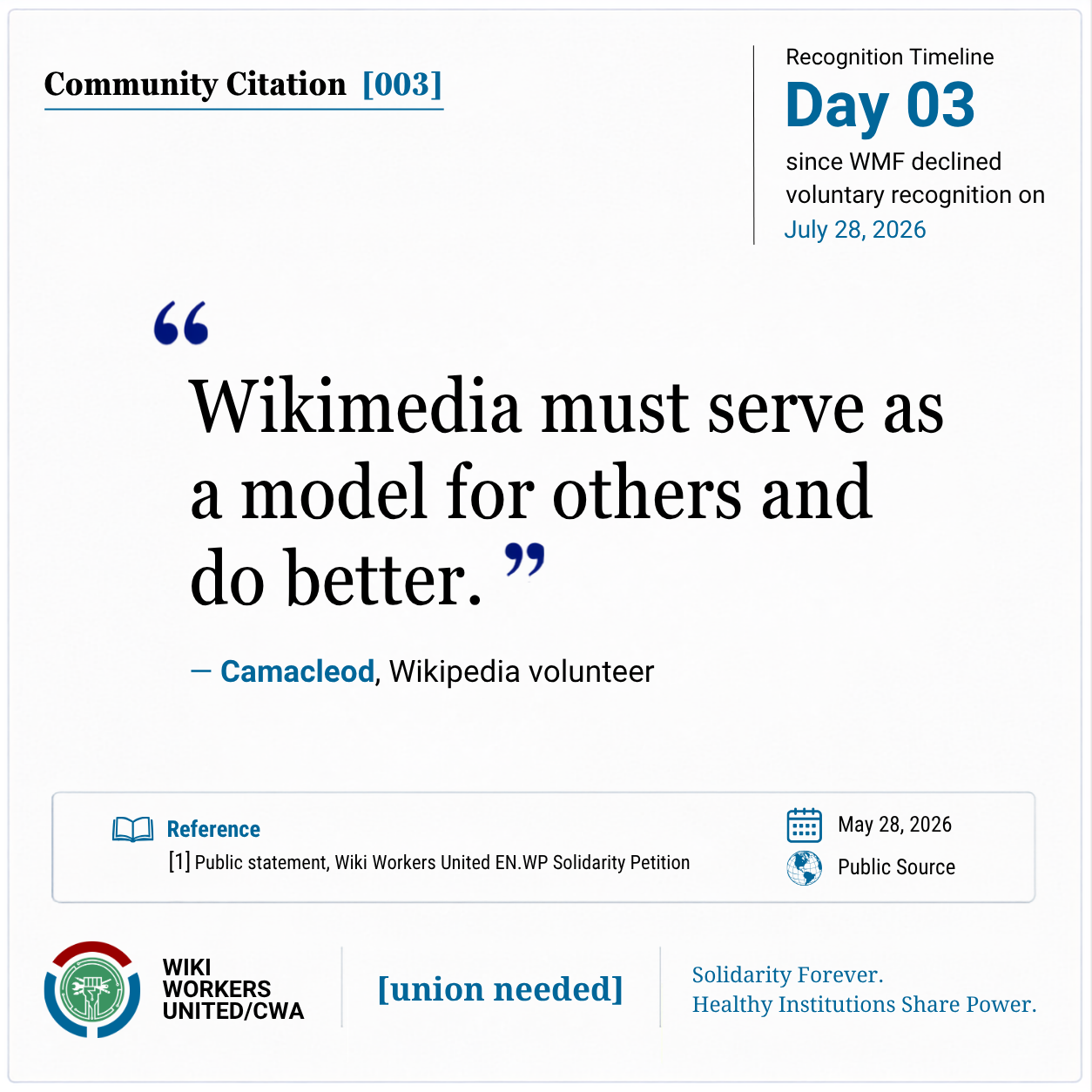 Community Citation [003]

"Wikimedia must serve as a model for others and do better" - Camacleod, Wikipedia Volunteer

[1] Public Statement, Wiki Workers United EN.WP Solidarity Petition, May 28, 2026

Reference link: https://w.wiki/SurW
Footer: Wiki Workers United/CWA. [union needed]. Solidarity Forever. Healthy Institutions Share Power.
