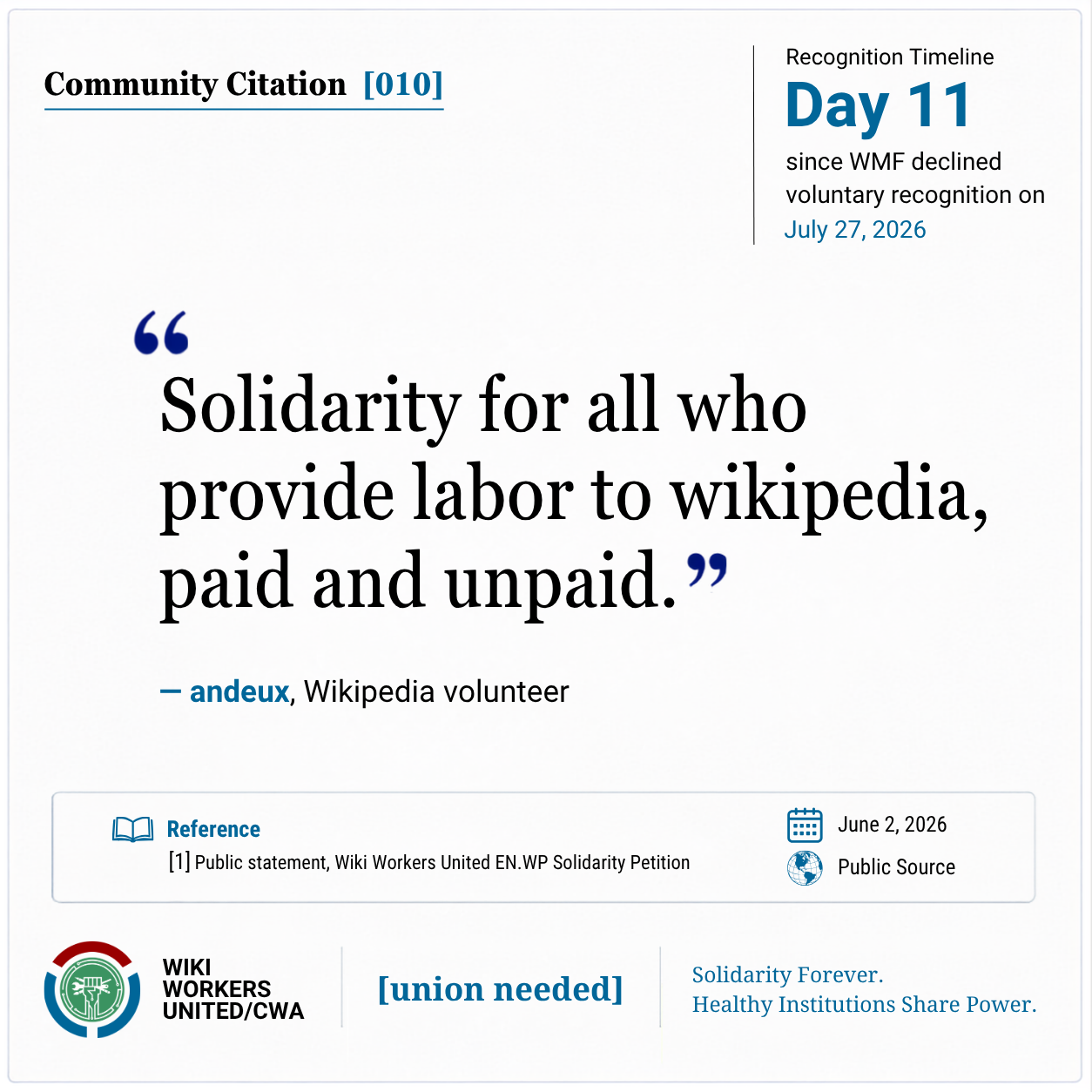 Community Citation [010]. Recognition Timeline: Day 11 since WMF declined voluntary recognition.

“Solidarity for all who provide labor to wikipedia, paid and unpaid.” - andeux, Wikipedia volunteer

[1] Public statement, Wiki Workers United EN.WP Solidarity Petition, June 2, 2026. Public source.
Reference link: https://w.wiki/TAfB
Footer: Wiki Workers United/CWA. [union needed]. Solidarity Forever. Healthy Institutions Share Power.
