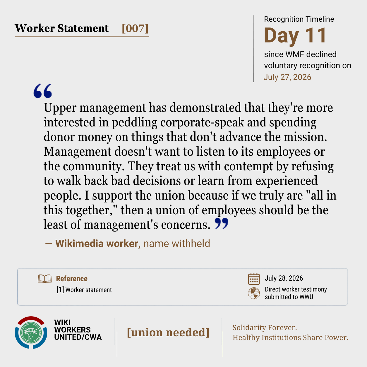 Worker Statement [007]. Recognition Timeline: Day 11 since WMF declined voluntary recognition on July 28, 2026.

“Upper management has demonstrated that they're more interested in peddling corporate-speak and spending donor money on things that don't advance the mission. Management doesn't want to listen to its employees or the community. They treat us with contempt by refusing to walk back bad decisions or learn from experienced people. I support the union because if we truly are "all in this together," then a union of employees should be the least of management's concerns.” – Wikimedia worker, name withheld

Footer: Wiki Workers United/CWA. [union needed]. Solidarity Forever. Healthy Institutions Share Power.