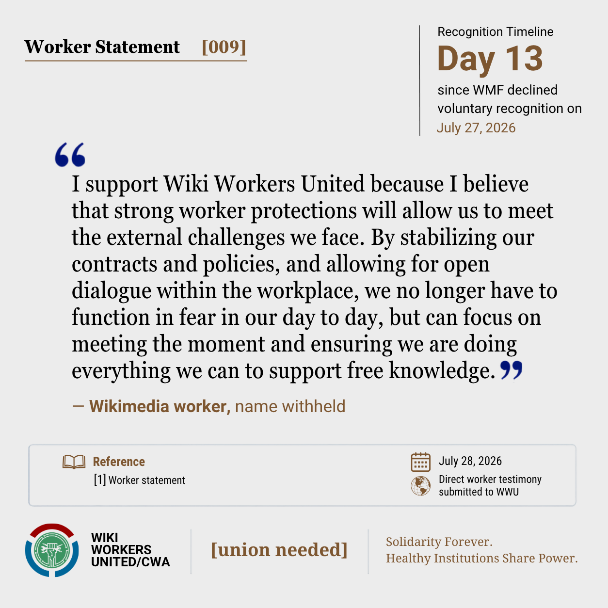 Worker Statement [009]. Recognition Timeline: Day 13 since WMF declined voluntary recognition on July 27, 2016

“I support Wiki Workers United because I believe that strong worker protections will allow us to meet the external
challenges we face. By stabilizing our contracts and policies, and allowing for open dialogue within the workplace,
we no longer have to function in fear in our day to day, but can focus on meeting the moment and ensuring we are doing
everything we can to support free knowledge.” – Wikimedia worker, name withheld

Reference [1] Worker statement, July 28 2026, direct worker testimony submitted to WWU

Footer: Wiki Workers United/CWA. [union needed]. Solidarity Forever. Healthy Institutions Share Power.
